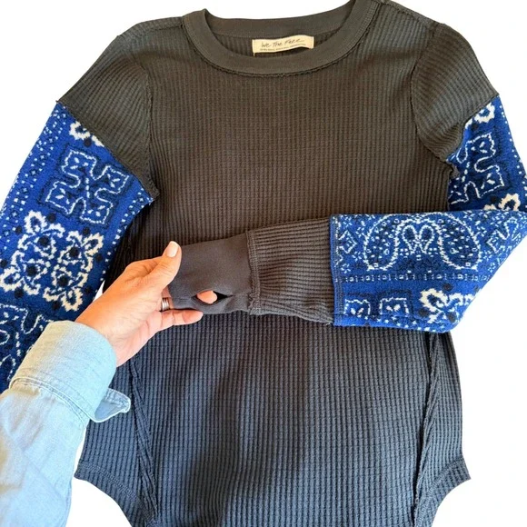 Free People We The Free Nikki Layering Top Bandana Sleeve Thermal Blue XS - Picture 6 of 11